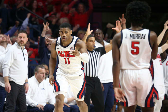 Dec 5, 2023; Oxford, Mississippi, USA; Mississippi Rebels guard Matthew Murrell (11) reacts toward guard Jaylen Murray (5) after a three point basket during the second half at The Sandy and John Black Pavilion at Ole Miss. Mandatory Credit: Petre Thomas-USA TODAY Sports